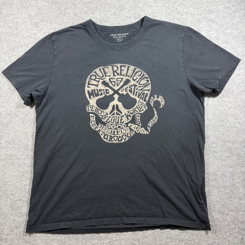 True Religion Y2K T Shirt Mens 2XL Black Skull Music Festival Graphic Made USA